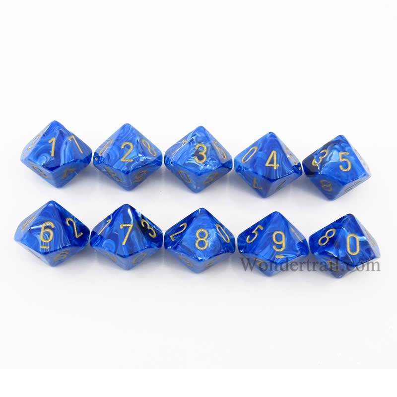 CHX27236 Blue Vortex Dice Gold Numbers D10 16mm (5/8in) Pack of 10 (ONLINE ORDER ONLY)