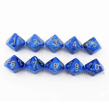 CHX27236 Blue Vortex Dice Gold Numbers D10 16mm (5/8in) Pack of 10 (ONLINE ORDER ONLY)