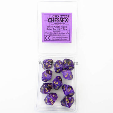 CHX27237 Purple Vortex Dice Gold Numbers D10 16mm (5/8in) Pack of 10 (ONLINE ORDER ONLY)