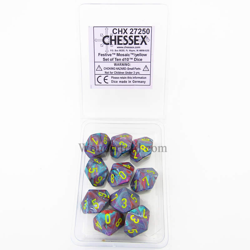 CHX27250 Mosaic Festive Dice Yellow Numbers D10 16mm Pack of 10 (ONLINE ORDER ONLY)