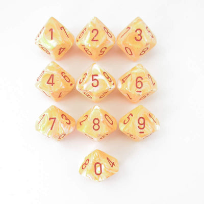 CHX27253 Sunburst Festive Dice Red Numbers D10 16mm Pack of 10 (ONLINE ORDER ONLY)