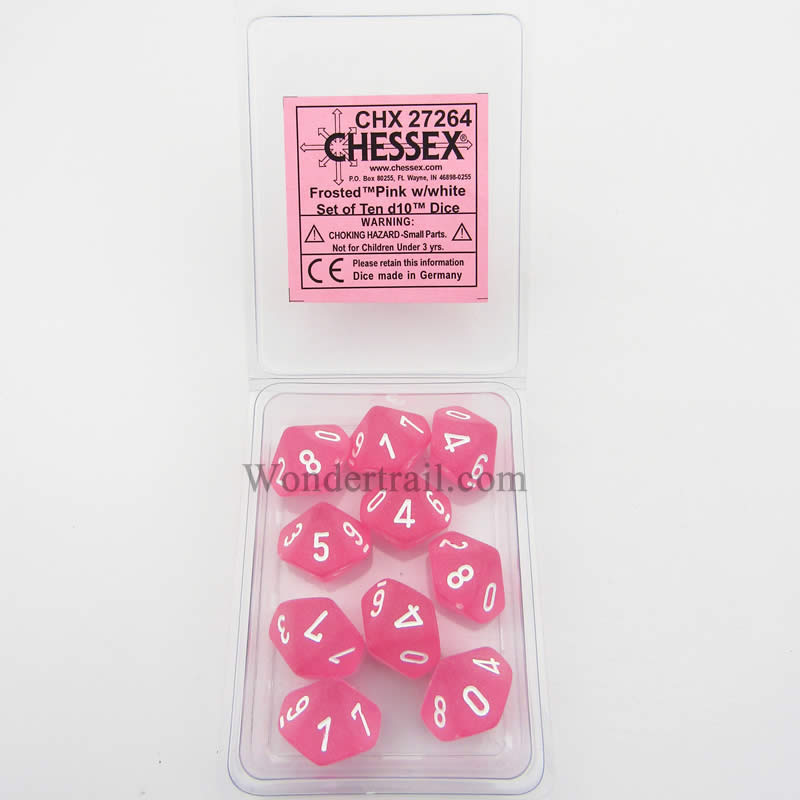 CHX27264 Pink Frosted Dice with White Numbers D10 16mm (5/8in) Pack of 10 (ONLINE ORDER ONLY)