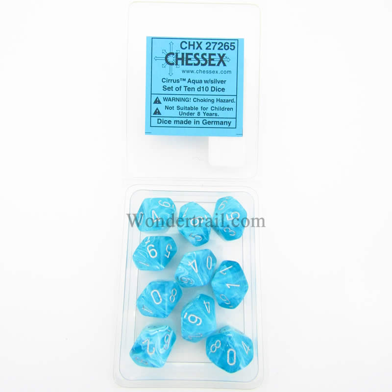 CHX27265 Aqua Cirrus Dice Silver Numbers D10 16mm (5/8in) Pack of 10 (ONLINE ORDER ONLY)
