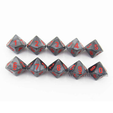 CHX27278 Black Velvet Dice Red Numbers D10 16mm (5/8in) Pack of 10 (ONLINE ORDER ONLY)
