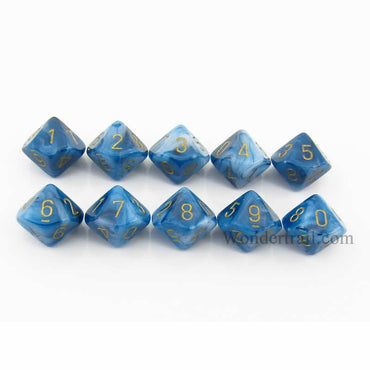 CHX27289 Teal Phantom Dice Gold Numbers D10 16mm (5/8in) Pack of 10 (ONLINE ORDER ONLY)