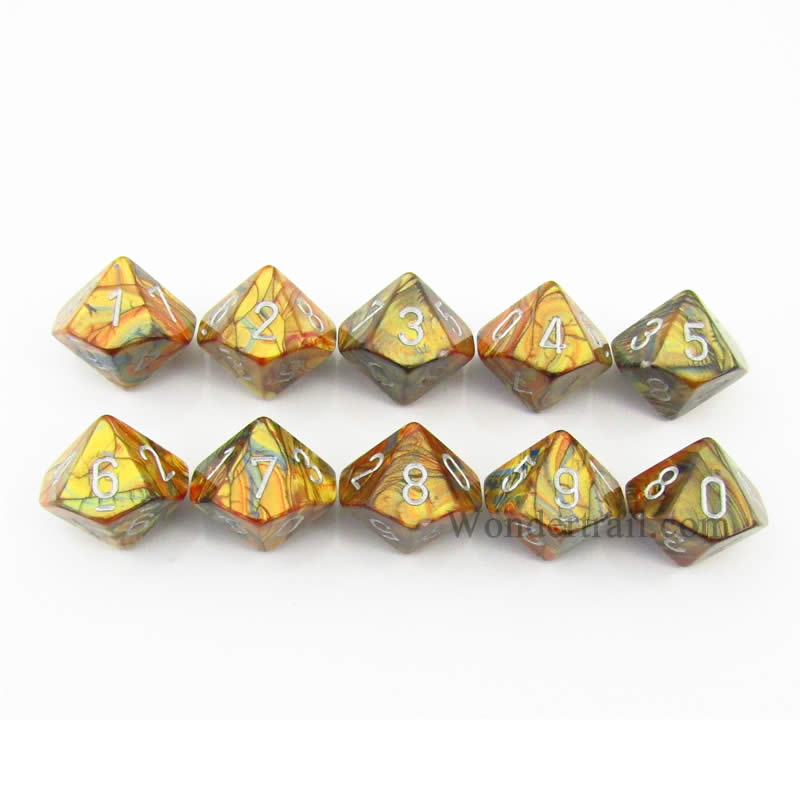 CHX27293 Gold Lustrous Dice Silver Numbers D10 16mm (5/8in) Pack of 10 (ONLINE ORDER ONLY)