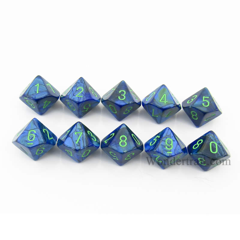 CHX27296 Dark Blue Lustrous Dice Green Numbers D10 16mm Pack of 10 (ONLINE ORDER ONLY)