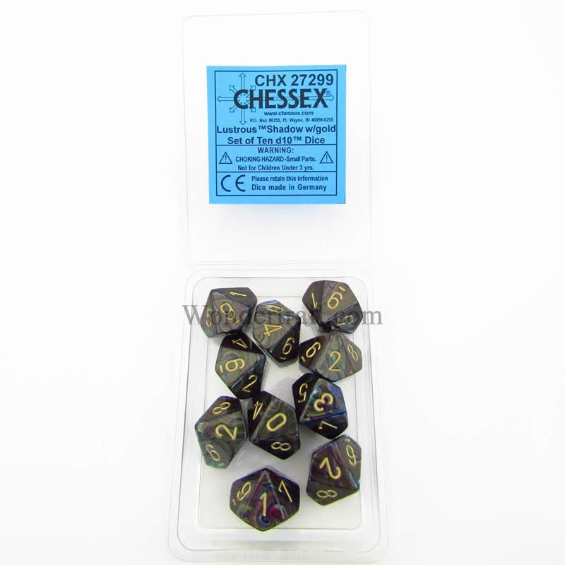 CHX27299 Shadow Lustrous Dice Gold Numbers D10 16mm Pack of 10 (ONLINE ORDER ONLY)