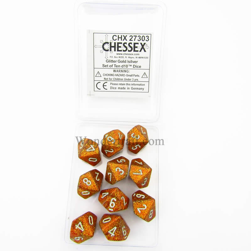 CHX27303 Gold Glitter Dice with Silver Numbers D10 16mm (5/8in) Pack of 10 (ONLINE ORDER ONLY)