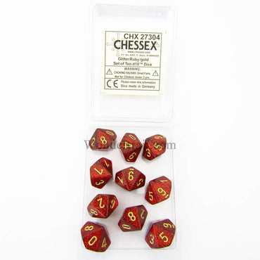 CHX27304 Ruby Glitter Dice with Gold Numbers D10 16mm (5/8in) Pack of 10 (ONLINE ORDER ONLY)