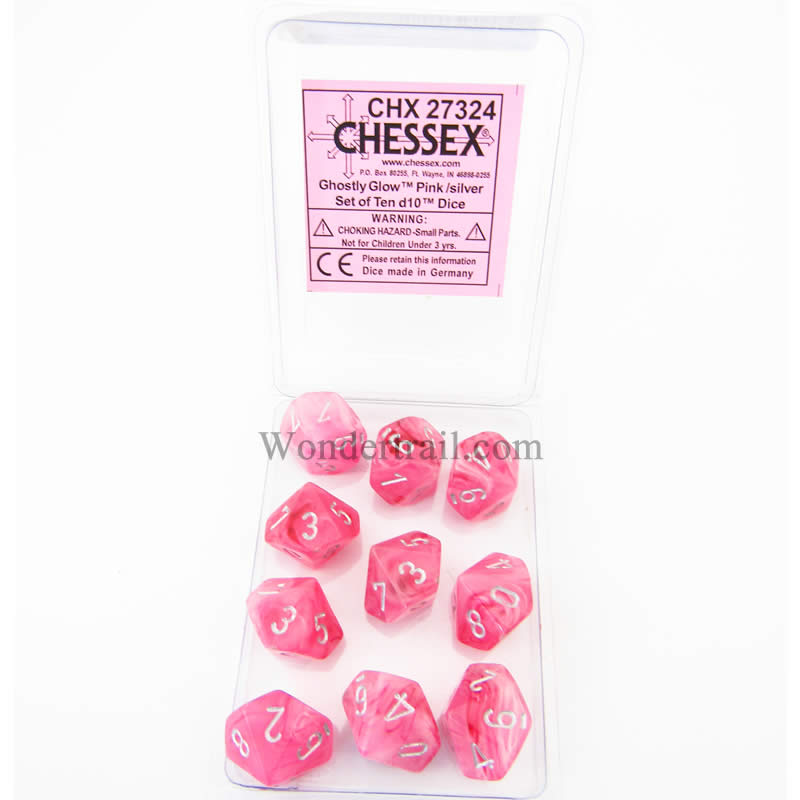 CHX27324 Pink Ghostly Glow Dice Silver Numbers D10 16mm Pack of 10 (ONLINE ORDER ONLY)