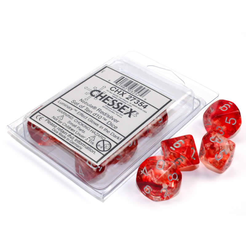 CHX27354 Red Nebula Luminary Dice Silver Numbers D10 16mm Pack of 10 (ONLINE ORDER ONLY)