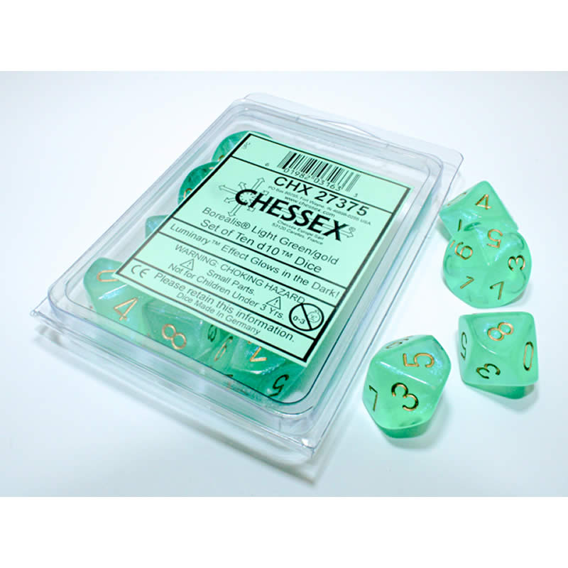 CHX27375 Light Green Borealis Dice Luminary with Gold Numbers D10 16mm (5/8in) Pack of 10 Chessex (ONLINE ORDER ONLY)