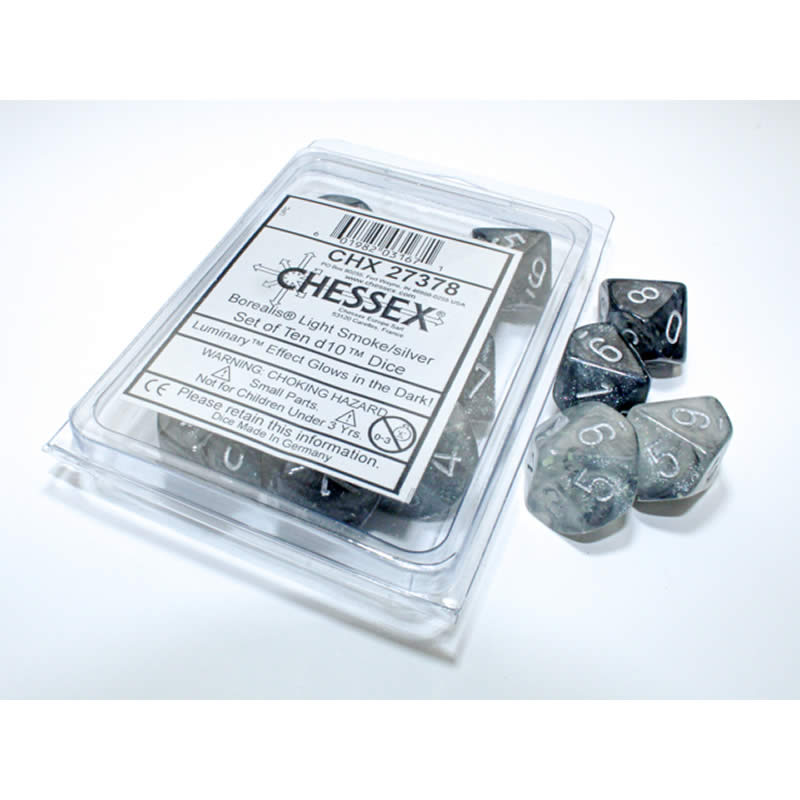 CHX27378 Light Smoke Borealis Dice Luminary Silver Numbers D10 16mm (5/8in) Pack of 10 (ONLINE ORDER ONLY)