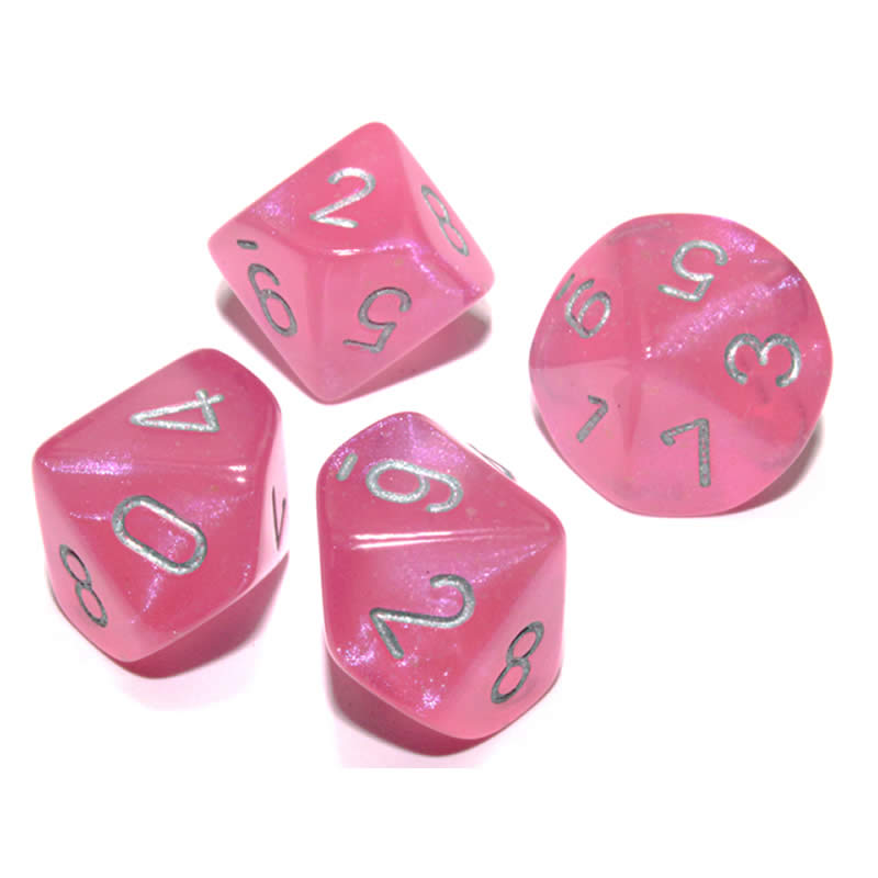 CHX27384 Pink Borealis Dice Luminary Silver Numbers D10 16mm (5/8in) Pack of 10 (ONLINE ORDER ONLY)