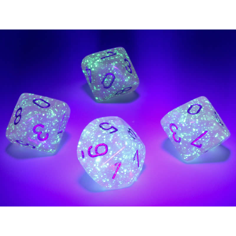 CHX27384 Pink Borealis Dice Luminary Silver Numbers D10 16mm (5/8in) Pack of 10 (ONLINE ORDER ONLY)
