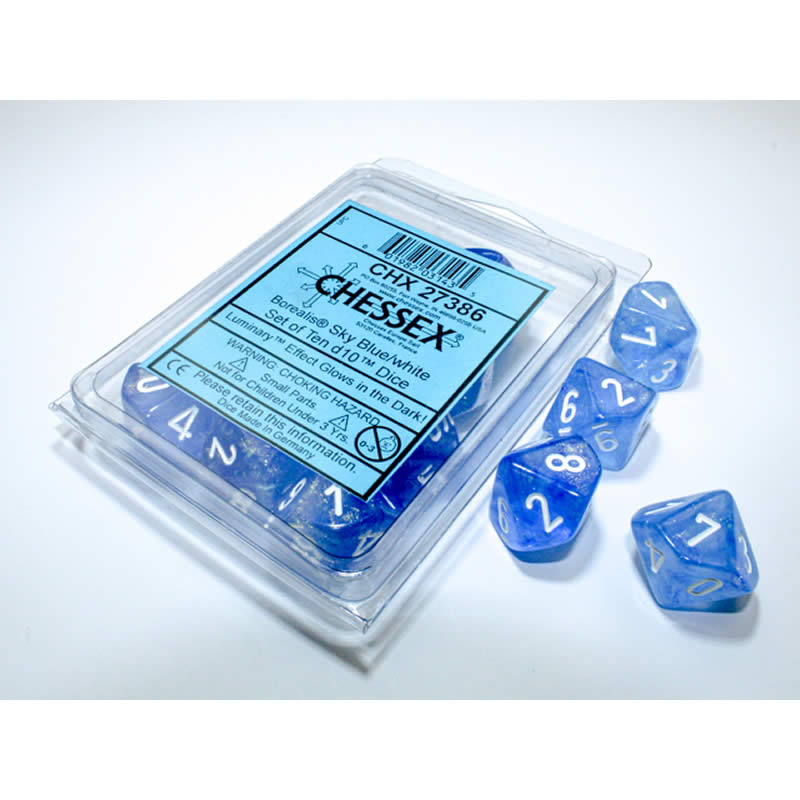 CHX27386 Sky Blue Borealis Dice Luminary White Numbers D10 16mm (5/8in) Pack of 10 (ONLINE ORDER ONLY)