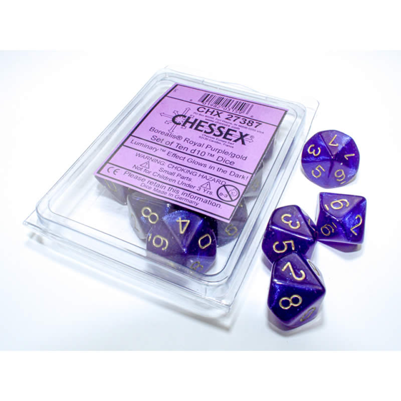 CHX27387 Royal Purple Borealis Dice Luminary Gold Numbers D10 16mm (5/8in) Pack of 10 (ONLINE ORDER ONLY)