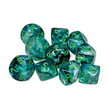 CHX27395 Kelp Borealis Luminary Dice with Light Green Numbers D10 16mm (5/8in) Pack of 10 Dice (ONLINE ORDER ONLY)