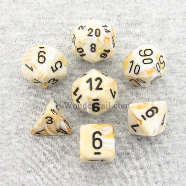 CHX27402 Ivory Marbleized Dice with Black Numbers 16mm (5/8in) Set of 7 (ONLINE ORDER ONLY)