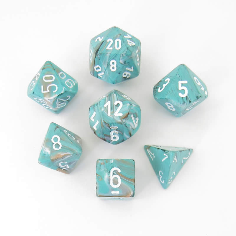 CHX27403 Oxi-copper Marbleized Dice White Numbers 16mm (5/8in) Set of 7 (ONLINE ORDER ONLY)