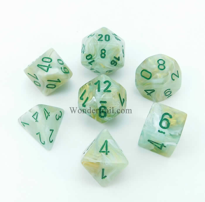 CHX27409 Green Marble Dice with Green Numbers 16mm (5/8in) Set of 7 (ONLINE ORDER ONLY)