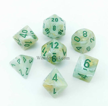 CHX27409 Green Marble Dice with Green Numbers 16mm (5/8in) Set of 7 (ONLINE ORDER ONLY)