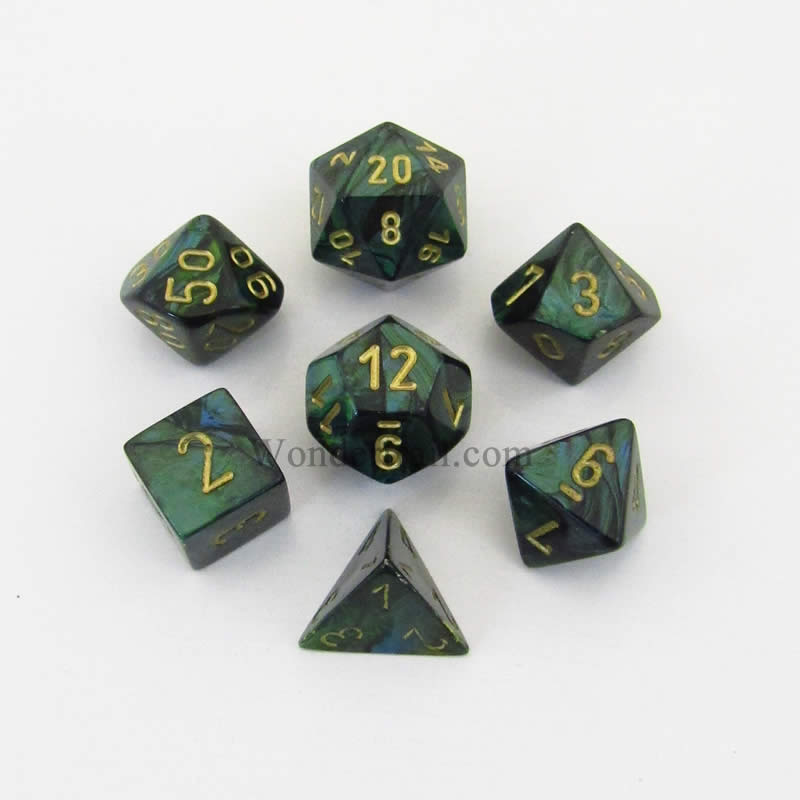 CHX27415 Jade Scarab Dice with Gold Numbers 16mm (5/8in) Set of 7 (ONLINE ORDER ONLY)