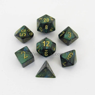 CHX27415 Jade Scarab Dice with Gold Numbers 16mm (5/8in) Set of 7 (ONLINE ORDER ONLY)