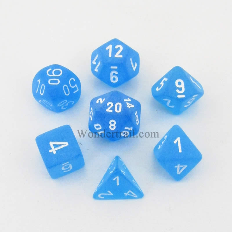 CHX27416 Caribbean Blue Frosted Dice White Numbers 16mm (5/8in) Set of 7 (ONLINE ORDER ONLY)