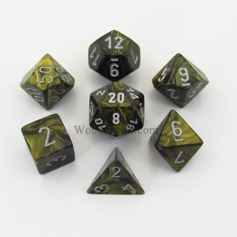 CHX27418 Black Leaf Dice with Silver Numbers 16mm (5/8in) Set of 7 (ONLINE ORDER ONLY)