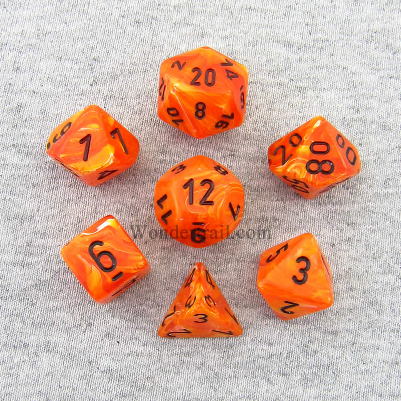 CHX27433 Orange Vortex Dice with Black Numbers 16mm (5/8in) Set of 7 (ONLINE ORDER ONLY)