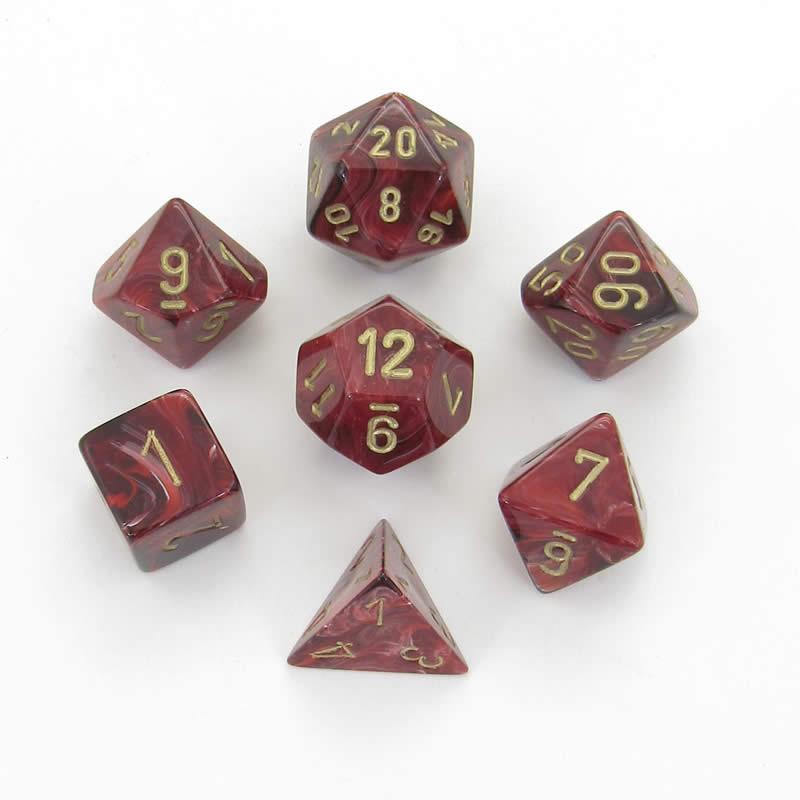 CHX27434 Burgundy Vortex Dice with Gold Numbers 16mm (5/8in) Set of 7 (ONLINE ORDER ONLY)