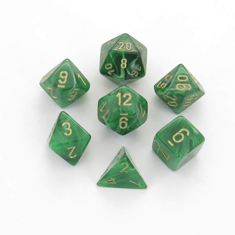 CHX27435 Green Vortex Dice with Gold Numbers 16mm (5/8in) Set of 7 (ONLINE ORDER ONLY)