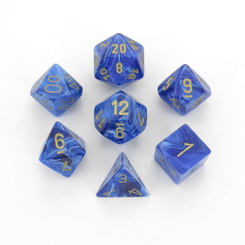 CHX27436 Blue Vortex Dice with Gold Numbers 16mm (5/8in) Set of 7 (ONLINE ORDER ONLY)