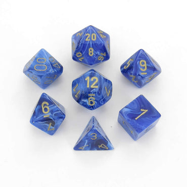 CHX27436 Blue Vortex Dice with Gold Numbers 16mm (5/8in) Set of 7 (ONLINE ORDER ONLY)
