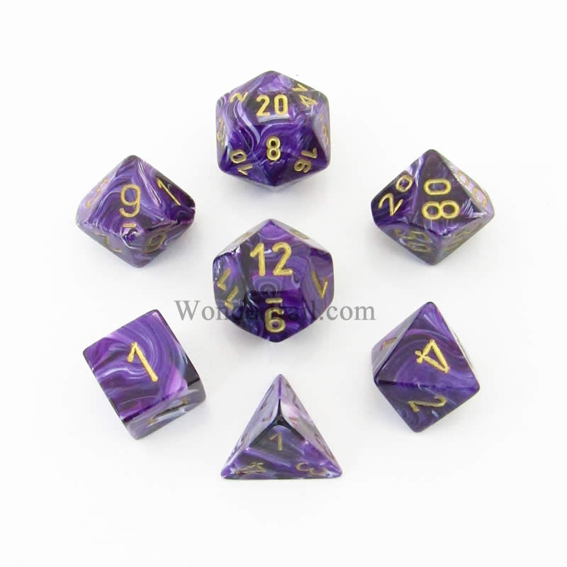CHX27437 Purple Vortex Dice with Gold Numbers 16mm (5/8in) Set of 7 (ONLINE ORDER ONLY)