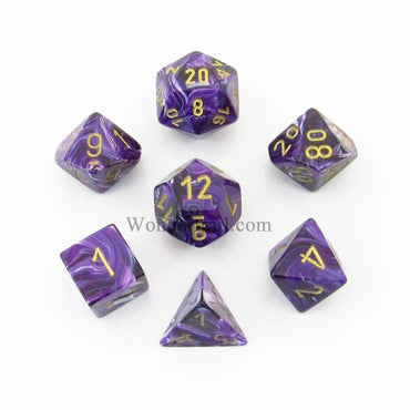 CHX27437 Purple Vortex Dice with Gold Numbers 16mm (5/8in) Set of 7 (ONLINE ORDER ONLY)