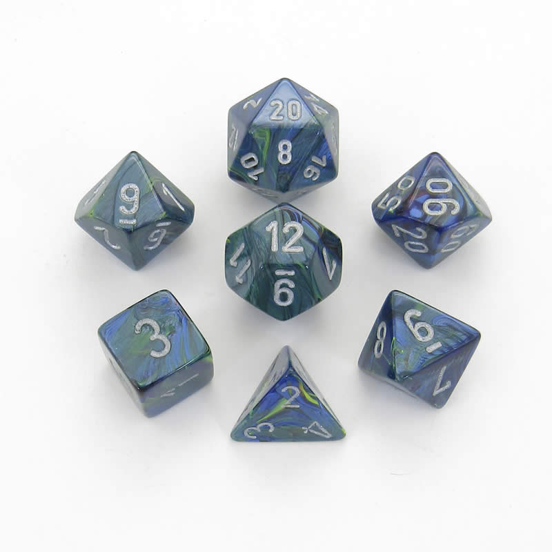 CHX27445 Green Festive Dice with Silver Numbers 16mm (5/8in) Set of 7 (ONLINE ORDER ONLY)