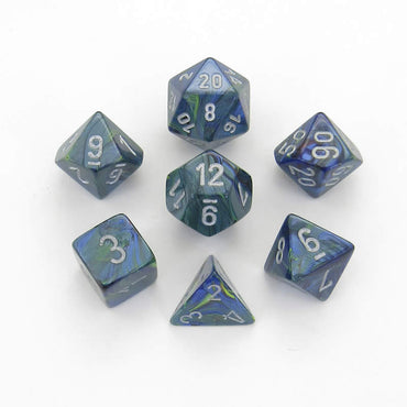 CHX27445 Green Festive Dice with Silver Numbers 16mm (5/8in) Set of 7 (ONLINE ORDER ONLY)
