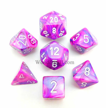 CHX27457 Violet Festive Dice with White Numbers 16mm (5/8in) Set of 7 (ONLINE ORDER ONLY)
