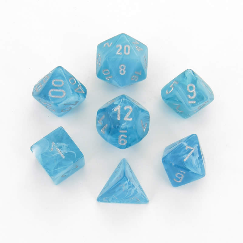CHX27465 Aqua Cirrus Dice with Silver Numbers 16mm (5/8in) Set of 7 (ONLINE ORDER ONLY)