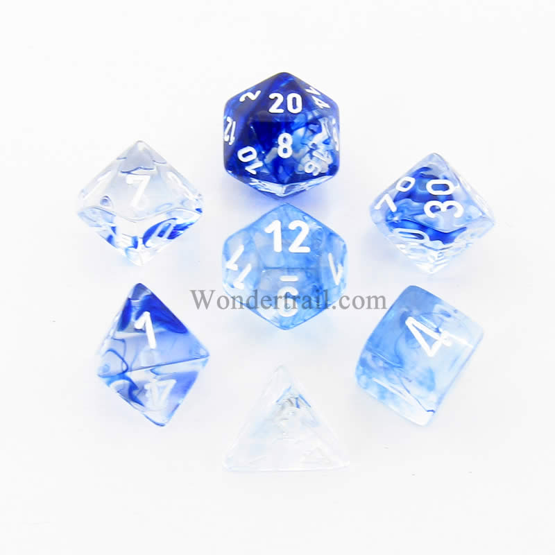 CHX27466 Dark Blue Nebula Dice with White Numbers 16mm (5/8in) Set of 7 (ONLINE ORDER ONLY)