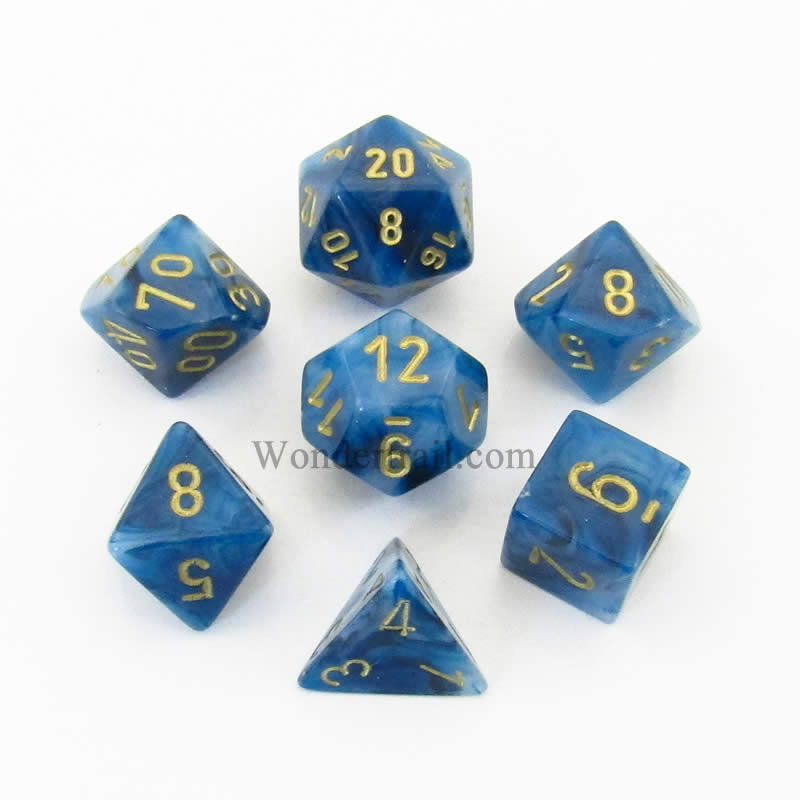 CHX27489 Teal Phantom Dice with Gold Numbers 16mm (5/8in) Set of 7 (ONLINE ORDER ONLY)