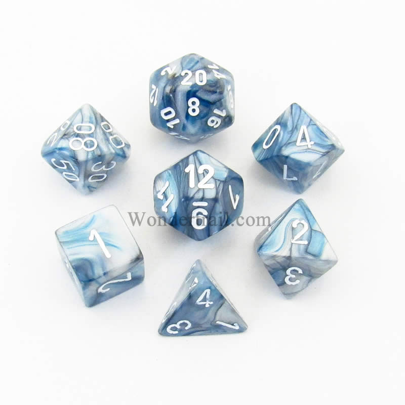 CHX27490 Slate Lustrous Dice with White Numbers 16mm (5/8in) Set of 7 (ONLINE ORDER ONLY)