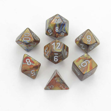 CHX27493 Gold Lustrous Dice with Silver Numbers 16mm (5/8in) Set of 7 (ONLINE ORDER ONLY)