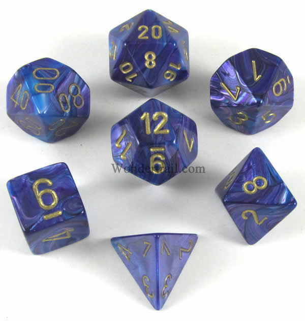 CHX27497 Purple Lustrous Dice with Gold Numbers 16mm (5/8in) Set of 7 (ONLINE ORDER ONLY)