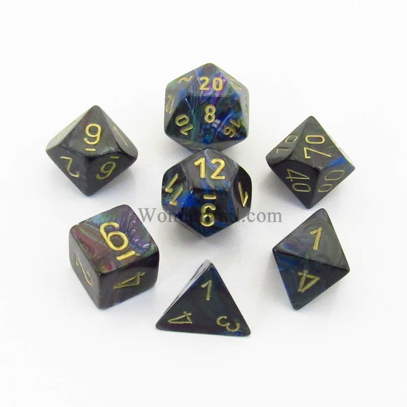 CHX27499 Shadow Lustrous Dice with Gold Numbers 16mm (5/8in) Set of 7 (ONLINE ORDER ONLY)