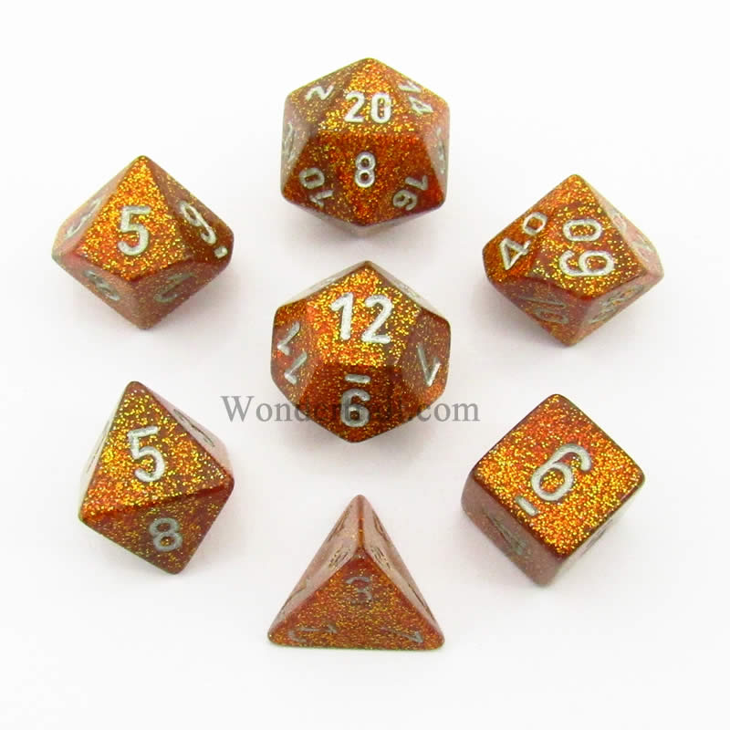 CHX27503 Gold Glitter Dice with Silver Numbers 16mm (5/8in) Set of 7 (ONLINE ORDER ONLY)