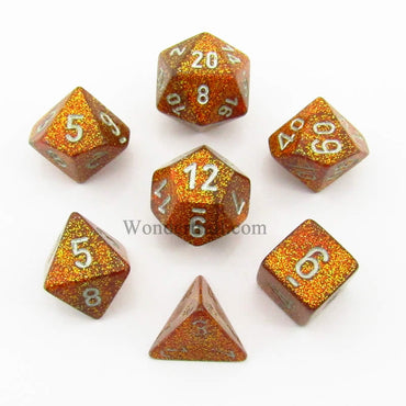 CHX27503 Gold Glitter Dice with Silver Numbers 16mm (5/8in) Set of 7 (ONLINE ORDER ONLY)